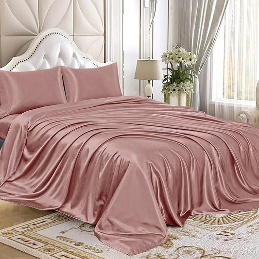 Homiest 4pcs Satin Sheets Set Luxury Silky Satin Bedding Set with Deep Pocket, 1 Fitted Sheet + 1 Flat Sheet + 2 Pillowcases (Queen Size, Rich Pink)