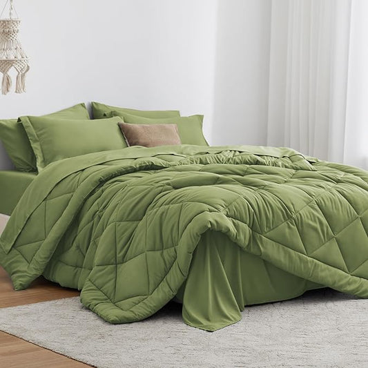 Love's cabin Twin XL Comforter Set Olive Green, 5 Pieces Twin XL Bed in a Bag, All Season Bedding Sets with 1 Comforter, 1 Flat Sheet, 1 Fitted Sheet, 1 Pillowcase and 1 Pillow Sham | Soft, Breathable, Lightweight, Comfortable