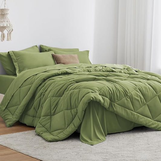 Love's cabin Queen Comforter Set Olive Green, 7 Pieces Queen Bed in a Bag, All Season Bedding Sets with 1 Comforter, 1 Flat Sheet, 1 Fitted Sheet, 2 Pillowcase and 2 Pillow Sham | Soft, Breathable, Lightweight, Comfortable