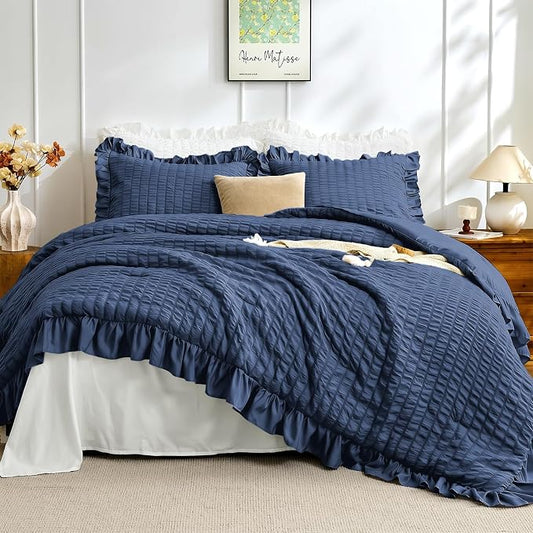 JOLLYVOGUE Navy Blue Twin Size Comforter Set, 2 Pieces Seersucker Lightweight Fluffy Bedding Set, Twin Ruffle Comforter, All Season Soft Microfiber Shabby Chic Bed Set