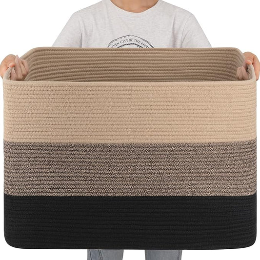 OIAHOMY 108L Super Large Blanket Basket, 25”x16”x16” Rectangle Woven Baskets for Storage, Cotton Rope Basket For Living Room, Toy Storage with Handle - Yellow Black