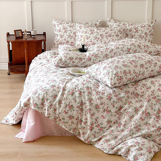 VM VOUGEMARKET Pink Floral Duvet Cover Queen 3 Pieces Cotton Girls Cottagecore Bedding Set,Peach Flower Comforter Cover with Zipper Closure,Vintage Country Bedding 90x90