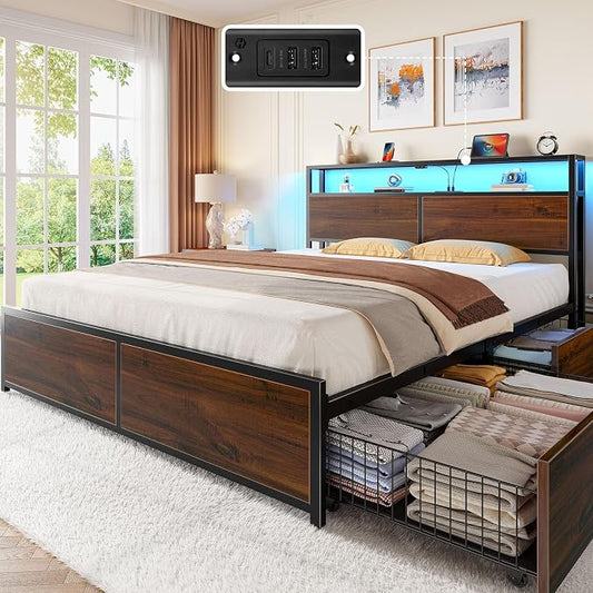 Rolanstar Queen Bed Frame with 4 Storage Drawers, Charging Station and LED Lights, Metal Platform Bed with 2-Tier Storage Headboard, No Box Spring Needed, Easy Assembly, Noise-Free, Walnut