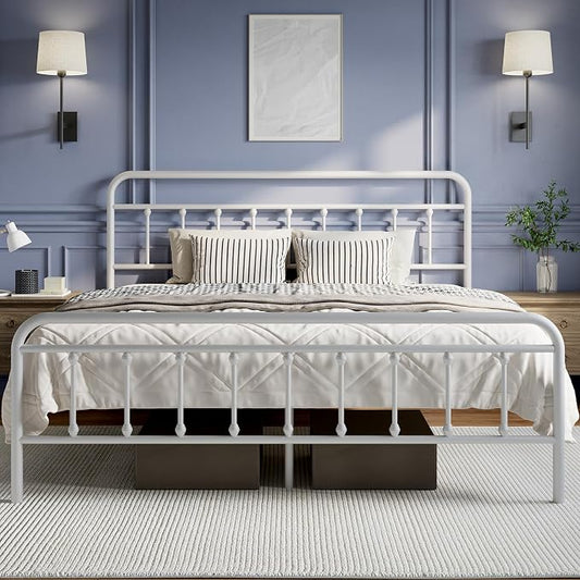 Novilla Metal King Size Bed Frame - Modern Minimalist Victorian Style with Headboard/Footboard, Heavy-Duty Steel Slats/Underbed Storage/No Box Spring Needed/Easy Assembly/Noise Free/White