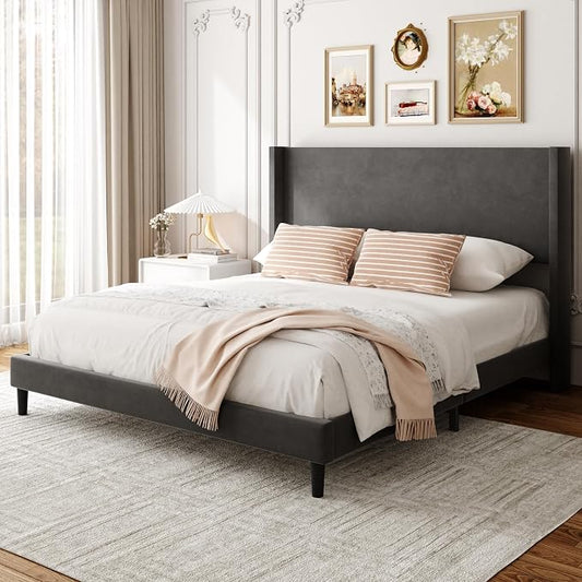 Sismplly Full Bed Frame with Wingback Headboard, Velvet Upholstered Platform Bed with Wooden Slats, 6.46“ Under Bed Storage, Metal Support, Noise Free, No Box Spring Needed, Gray