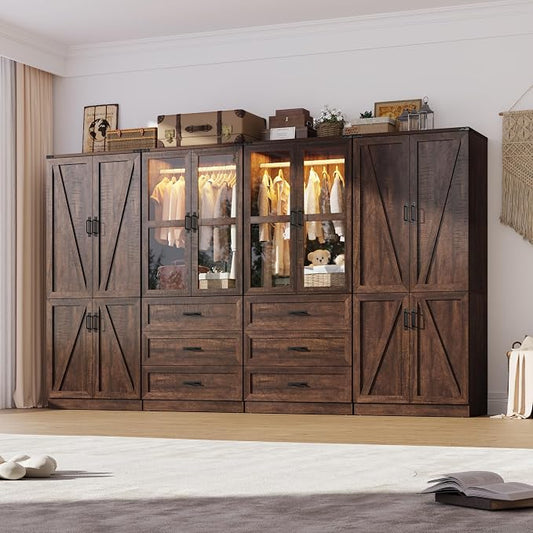 Hlivelood 75" Tall Farmhouse 8 Doors Armoire Wardrobe Closet with 6 Drawers and LED,Freestanding Closet Wardrobe Cabinet for Bedroom with Hanging Rod,Wooden Armoire Storage Cabinet(Brown 8 Doors)