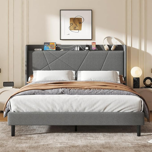 King Size Linen Bed Frame, Storage Headboard with Charging Station, Upholstered Platform Bed with Wooden Slats Support, Solid and Stable, Noise Free, No Box Spring Needed, Easy Assembly, Gray
