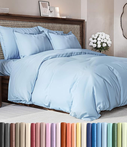 Duvet Cover Queen Size Set - Extra Soft Queen Duvet Cover 90" x 90" with 2 Pillow Shams - Hotel Luxury, Easy Care & Fade Free w/ Zipper Closures & Ties - All Season, Comfy and Breathable (Sky Blue)