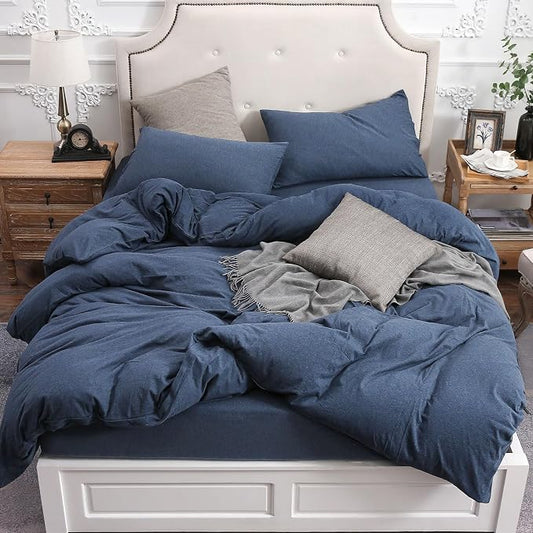 PURE ERA Jersey Knit Duvet Cover Set 100% T-Shirt Cotton Super Soft Comfy 3pc Bedding Set with Zipper Closure (Heather Navy Blue,Full)