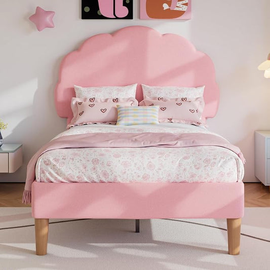 VECELO Twin Size Bed Frame, Upholstered Platform Bedframe with Height Adjustable Plush Fabric Headboard, Strong Wood Slat Supports, No Box Spring Needed, Pink