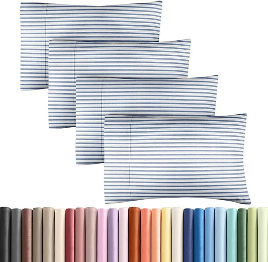 King Pillow Cases Set of 4 - Ultra Soft Hotel Quality Pillowcase Covers - Comfy, Cozy & Wrinkle Free - Shrinkage and Fade Resistant - Machine Washable Pillow Protectors - 4 Piece Set - Blue Stripes 2