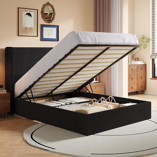 SHA CERLIN Queen Size Lift Up Storage Bed Frame, Modern Upholstered Wingback Headboard, Hydraulic Support & Underneath Storage, Soft Corduroy Fabric Platform Bed, No Box Spring Needed, Black