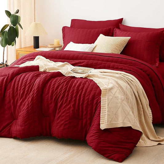 CozyLux Oversized Queen Comforter Set Dark Red Seersucker 7 Pieces 98x98 Bed in a Bag Comforter Set with Sheets, Luxury Bedding Sets with Down Alternative Comforter, Sheets, Pillowcases & Shams