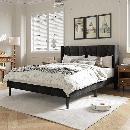 HAOARA Queen Bed Frame with Headboard, Velvet Upholstered Platform Bed Frames with Wingboard, Contemporary Mattress Foundation, Noise Free, No Box Spring Needed, Easy Assembly, Black