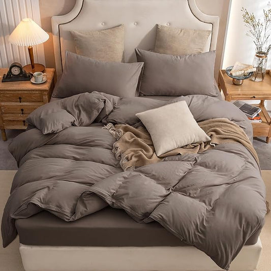 PURE ERA Jersey Knit Duvet Cover Set 100% T-Shirt Cotton Super Soft Comfy 3pc Bedding Set with Zipper Closure (Solid Brown, Full)