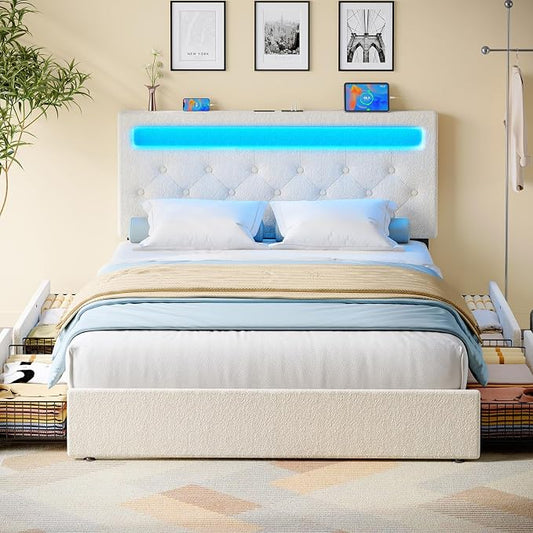 Rolanstar Queen Bed Frame with 4 Drawers and Charging Station,Twin Bed with Led Lights, Adjustable Upholstered Headboard 38.9/40.8 Inches, Sturdy, No Box Spring Needed, Natural White