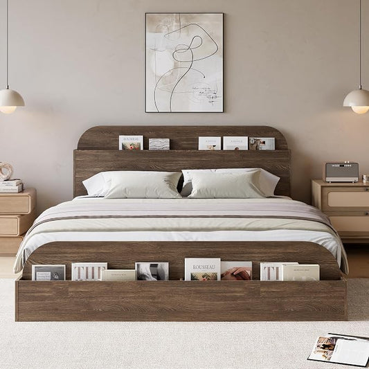GarveeHome Full Size Bed Frame, Wooden Beds with Storage Headboard and Raised-Foodboard, Full-Floor Low Platform Bed for Bedroom, Sturdy Wooden Slats Support, No Box Spring Needed, Walnut