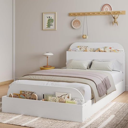 Garvee Twin XL Size Bed Frame with Storage Headboard and Raised Footboard – Wooden Twin-Floor Low Platform Bed for Kids, Heavy Duty & Noise Free, No Box Spring Needed, White