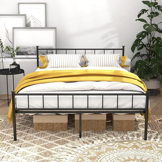 Queen Metal Platform Bed Frame, Victorian Vintage Style, Wrought Iron Headboard, Steel Slats, No Box Spring Needed (Black, Queen)