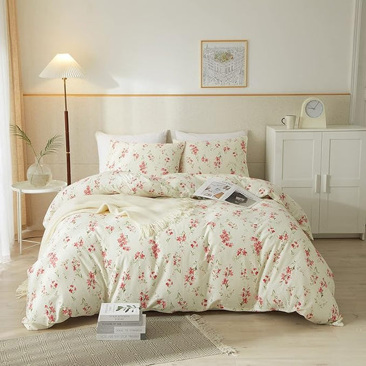 mixinni Boho Red Floral Girl Duvet Cover Set, Soft Cotton Twin Size 3-Piece Aesthetic Floral Bedding Set, 1 Chic Flower Leaf Pattern Duvet Cover and 2 Pillowcases for All Seasons-Twin Size