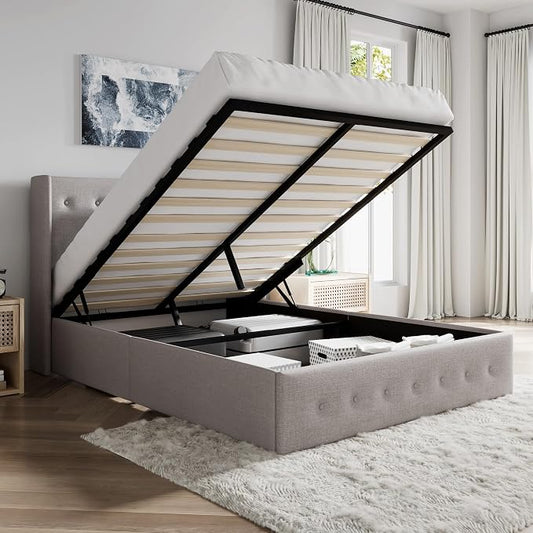 SHA CERLIN Full Size Lift Up Storage Bed Frame,Button Tufted Wingback Headboard,Upholstered Platform,Hydraulic Storage,Wooden Slat Support,No Box Spring,Light Beige