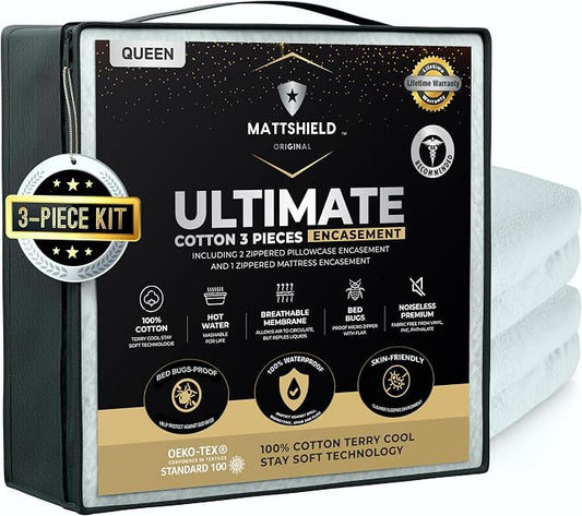 MATTSHIELD Ultimate 3-Piece Kit - Bed Bug-Proof Mattress Cover Queen Size 100% Cotton Top + 2 Pillow Protectors with Zipper - 6 Sided Waterproof Encasement, Total Defense Kit