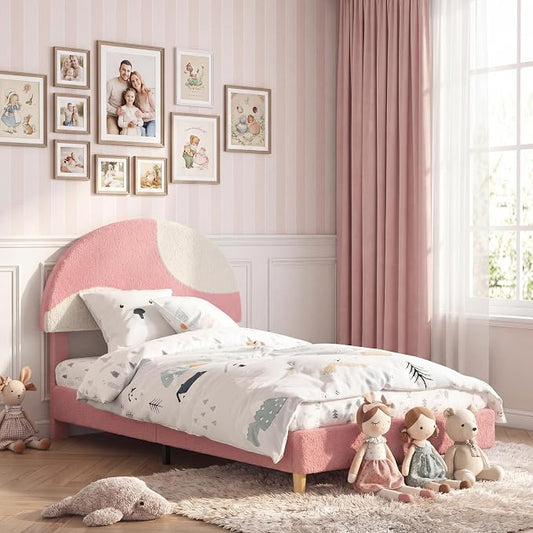 Garvee Twin Bed Frame with Round Boucle Headboard, Upholstered Arch-Shaped Design in Soft Pink & White, Modern Kids Wooden Slats Bed, No Box Spring Required & Easy Assembly