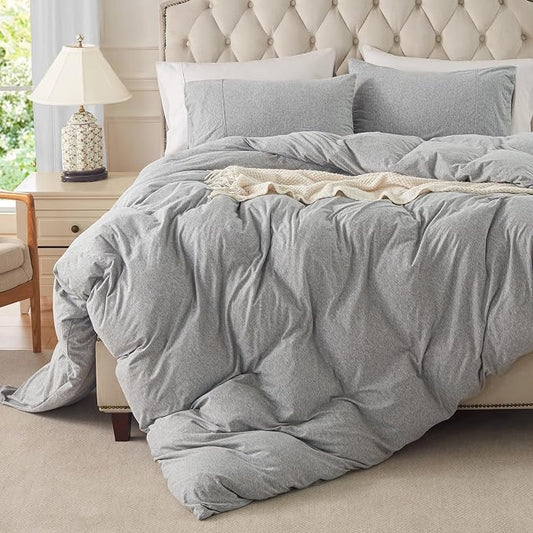 PURE ERA Jersey Knit Duvet Cover Set 100% T-Shirt Cotton Super Soft Comfy 3pc Bedding Set with Zipper Closure (Heather Grey, Queen)