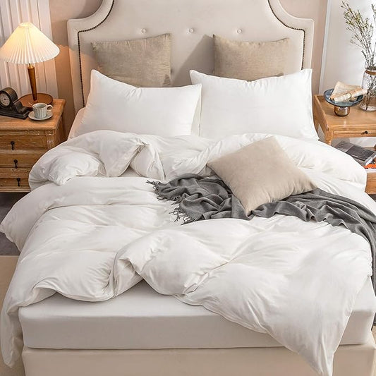 PURE ERA Jersey Knit Duvet Cover Set 100% T-Shirt Cotton Super Soft Comfy 3pc Bedding Set with Zipper Closure (Solid Off White, Cal King)