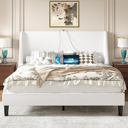 VECELO Full Bed Frame with Upholstered Wingback Headboard, Heavy-Duty Platform Bedframe with Charging Station, Wooden Slats, No Box Spring Needed, White