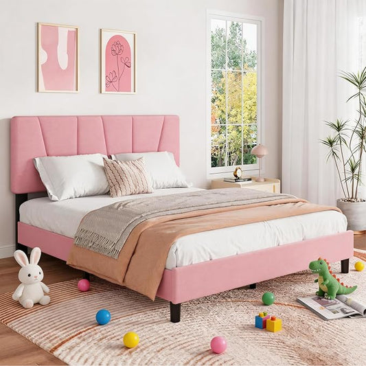 Full Size Upholstered Platform Bed Frame with Adjustable Headboard for kids Girls, Fits 8-14 Inch Mattress, Heavy Duty Bed Frame with Wooden Slats Support, Noise-Free, Non-slip, No Box Spring Needed