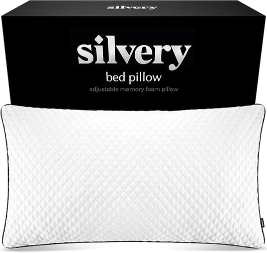 Silvery Silver Infused Bed Pillow - Shredded Memory Foam Fill with Adjustable Loft - Hypoallergenic Self-Cleaning Technology that Stays Fresh 3X Longer - Perfect for Side, Back & Stomach Sleepers
