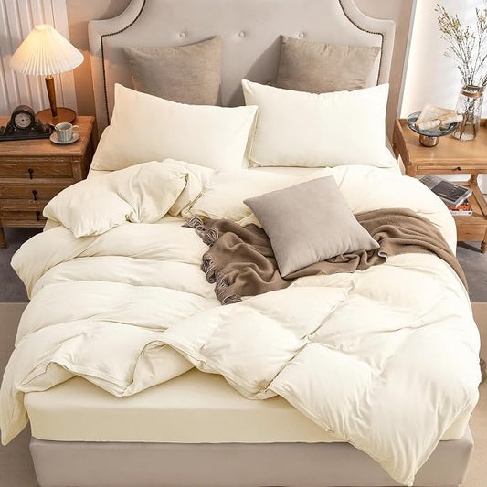 PURE ERA Jersey Knit Duvet Cover Set 100% T-Shirt Cotton Super Soft Comfy 3pc Bedding Set with Zipper Closure (Solid Creamy White, King)