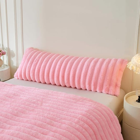 MEGO Fluffy Faux Rabbit Fur Body Pillow Cover, Soft Plush Fuzzy Wide Striped 20x54 Body Pillowcase with Zipper, Home Decorative Shaggy Furry Ribbed Long Pillow Cover for Bed Couch Sofa Bedroom, Pink