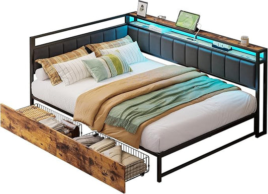 LIKIMIO Corner Bed Frame Full Daybed with Storage Drawers, Metal Platform Bed Frame with LED Light, Charging Station & Fabric Upholstered Fence, Black