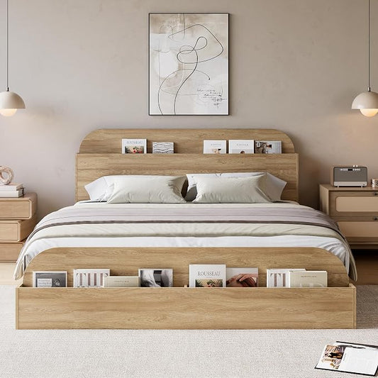 GarveeHome Queen Size Bed Frame, Wooden Beds with Storage Headboard and Raised-Foodboard, Queen-Floor Low Platform Bed for Bedroom, Sturdy Wooden Slats Support, No Box Spring Needed, Natural