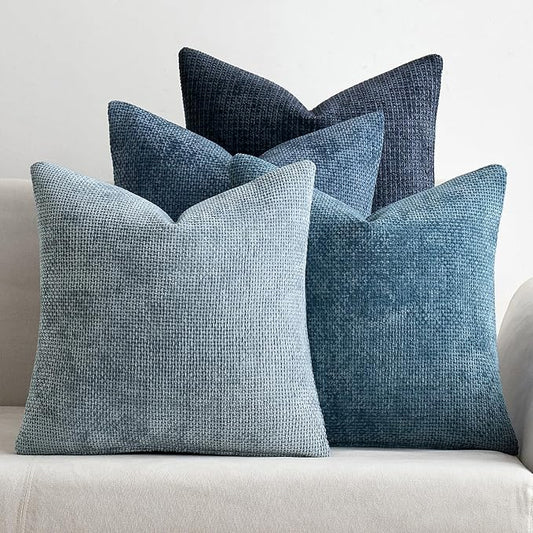 MIULEE Pack of 4 Couch Throw Pillow Covers 22x22 Inch Neutral Blue Soft Decorative Chenille Pillow Covers Farmhouse Accent Cushion Covers for Boho Western Spring Coastal Decor Sofa Bed Living Room