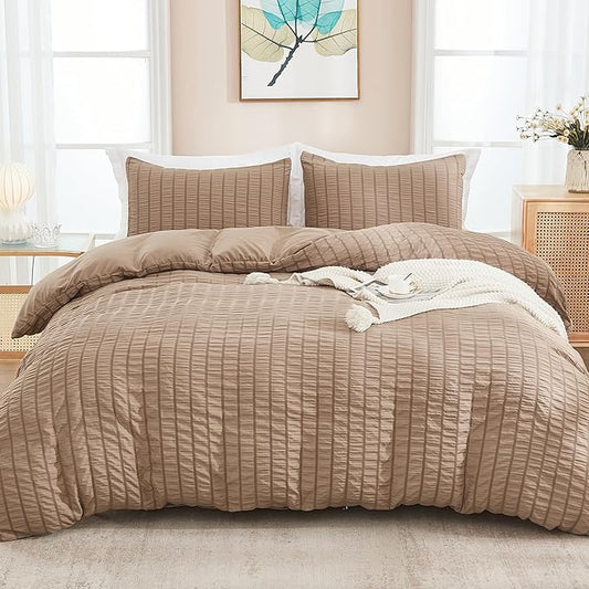 AveLom Seersucker Duvet Cover Set Queen Size (90 x 90 inches), 3 Pieces (1 Duvet Cover, 2 Pillow Cases), Taupe Ultra Soft Washed Microfiber, Textured Duvet Cover with Zipper Closure, Corner Ties