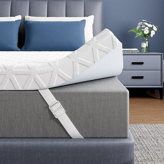 ELEMUSE 3 Inch Gel Memory Foam Mattress Topper King - Cooling Ice Silk Removable & Washable Cover, Mattress Topper for Back Pain Relief, Adjustable Strap & Non-Slip, CertiPUR-US Certified