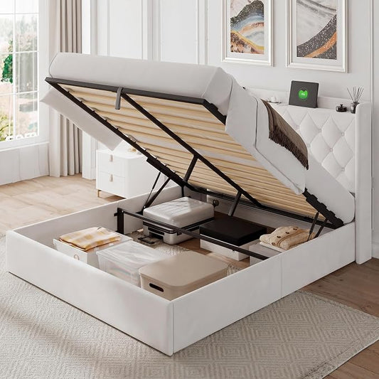 Feonase Full Size Bed Frame with Storage & Charging Station - Hydraulic Lift Up Platform Bed, Upholstered Button Tufted Headboard, Sturdy Wooden Slats, Noise-Free, No Box Spring Needed,White