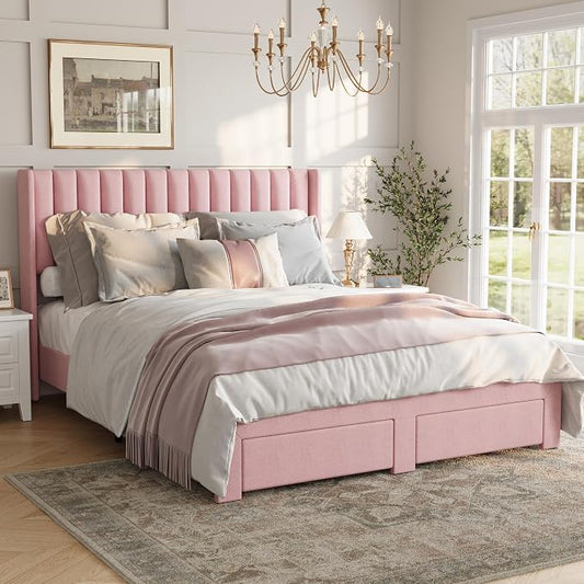 IDEALHOUSE Full Bed Frame with Wingback Headboard, Velvet Upholstered Platform Bed with 2 Storage Drawers, Vertical Tufted Headboard Design, Wooden Slats Support, No Box Spring Needed, Pink