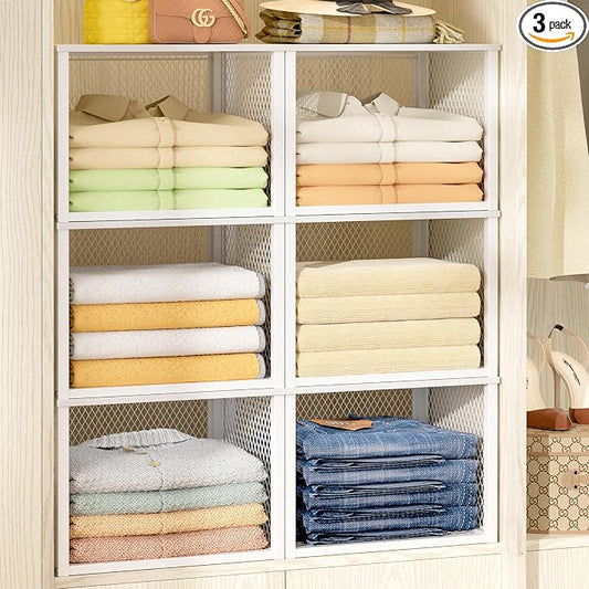 3 Pack Stackable Closet Organizers and Storage Basket, Closet Shelves with Wood Top Extra Storage, Multifunctional Clothes Organizer Bins/Cube Storage Drawer for Wardrobe Kitchen Laundry Room, White