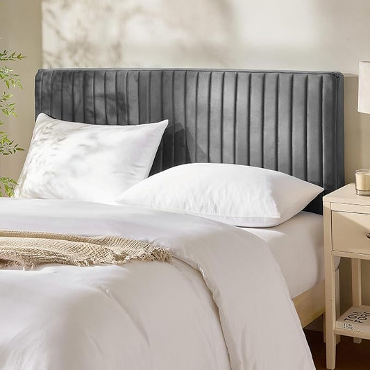 Hearth & Harbor Full Headboard Only, Floating Wall Mounted Headboard Full Size, Easy Assemble Upholstered Peel and Stick Headboards, 3D Soundproof Bed Wall Panels, Velvet Stick on Headboards, Grey