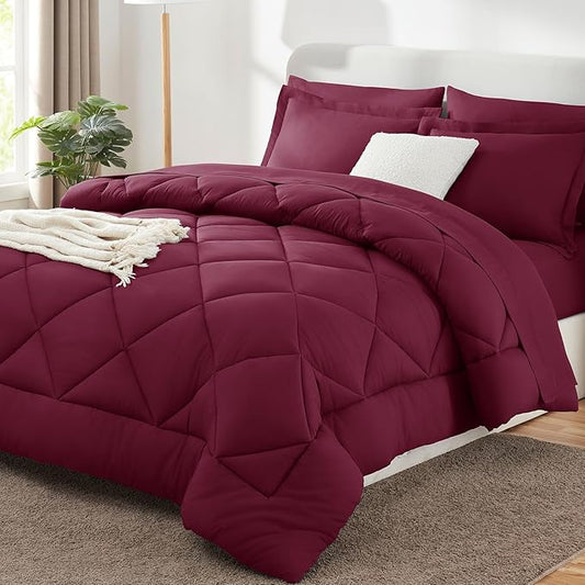 CozyLux Oversized King Comforter Set Burgundy - 7 Pieces Bed in a Bag Comforter Set with Sheets, Luxury Soft Bed Set, Bedding Set with Down Alternative Comforter, Sheets, Pillowcases & Shams, Red