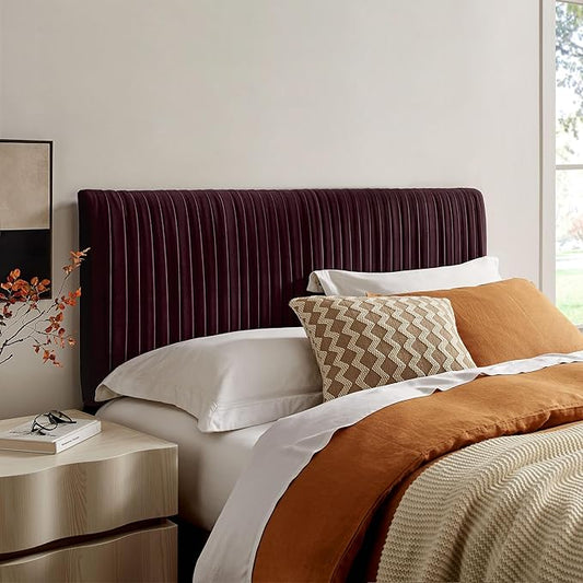 Modway Eloise Queen Velvet Headboard with Ruched Details in Mulberry - Modern Bed Headboard Only with Stain-Resistant Performance Upholstery, Height-Adjustable Mount