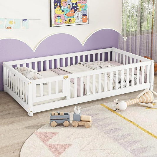 Bellemave Twin Floor Bed with Slats and Door, Twin Size Montessori Floor Bed with Fence and Door, Easy Assemble Montessori Beds Frame for Girls, Boys, White
