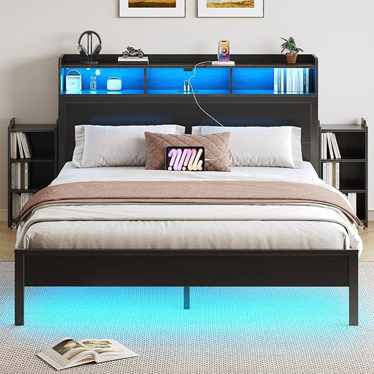 Rolanstar Full Size Bed Frame with Bookcase Storage Headboard, Slide Out Bedside Storage, Bed with Charging Station & LED Lights, Heavy Duty Metal Slats, No Box Spring Needed, Noise Free, Black