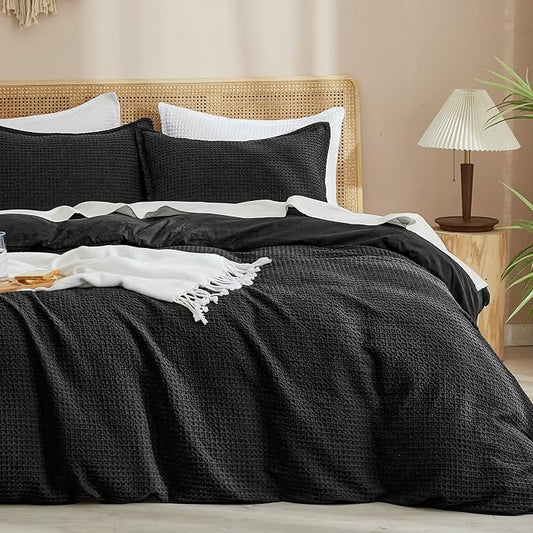 PHF Waffle Weave Duvet Cover Set Twin/Twin XL Size, No Snagging Ultra Soft Luxury Textured Breathable Comforter Cover for All Season 2pcs, Durable Bedding Duvet Set with 1 Pillow Sham, 68"x90", Black