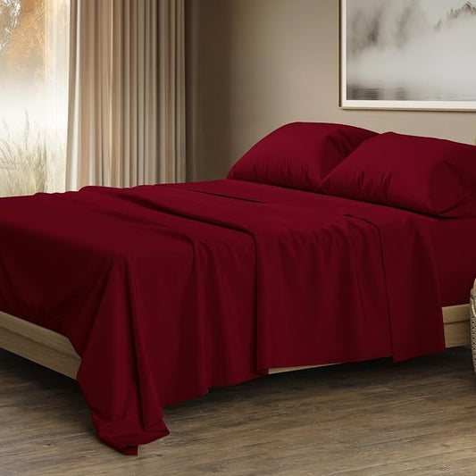 THREAD SPREAD 100% Egyptian Cotton Sheets Queen Size - Luxury 1500 Series Queen Sheet Set Egyptian Cotton (4 PC, Burgundy), Silky Soft, Sateen Weave, Cooling & Breathable, 17" Deep Pocket Bed Set