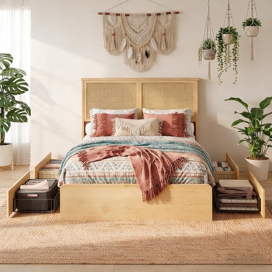 IDEALHOUSE Rattan Queen Bed Frame with 4 Storage Drawer, LED Lights & Natural Rattan Headboard, Wood Queen Size Bed Frame with Solid Wood Foundation, No Box Spring Needed, Natural